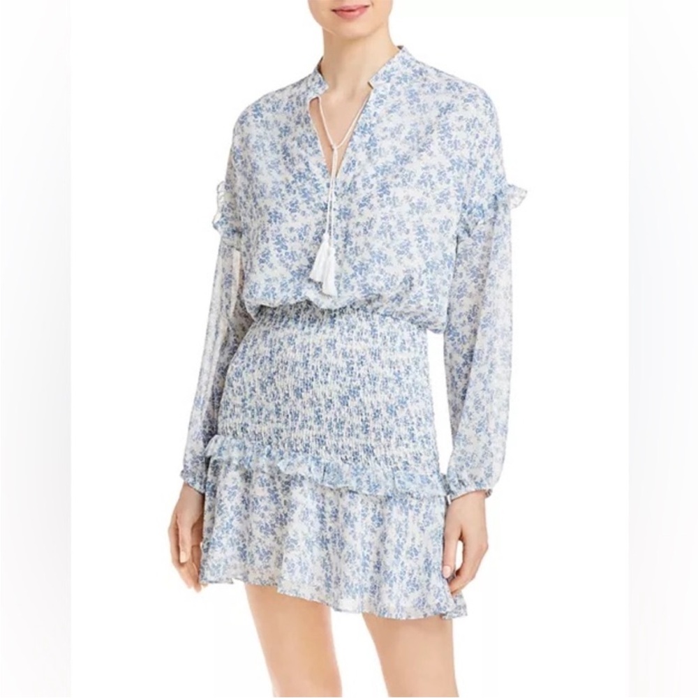 Aqua Blue and White Long Sleeve Floral Shirred Dress